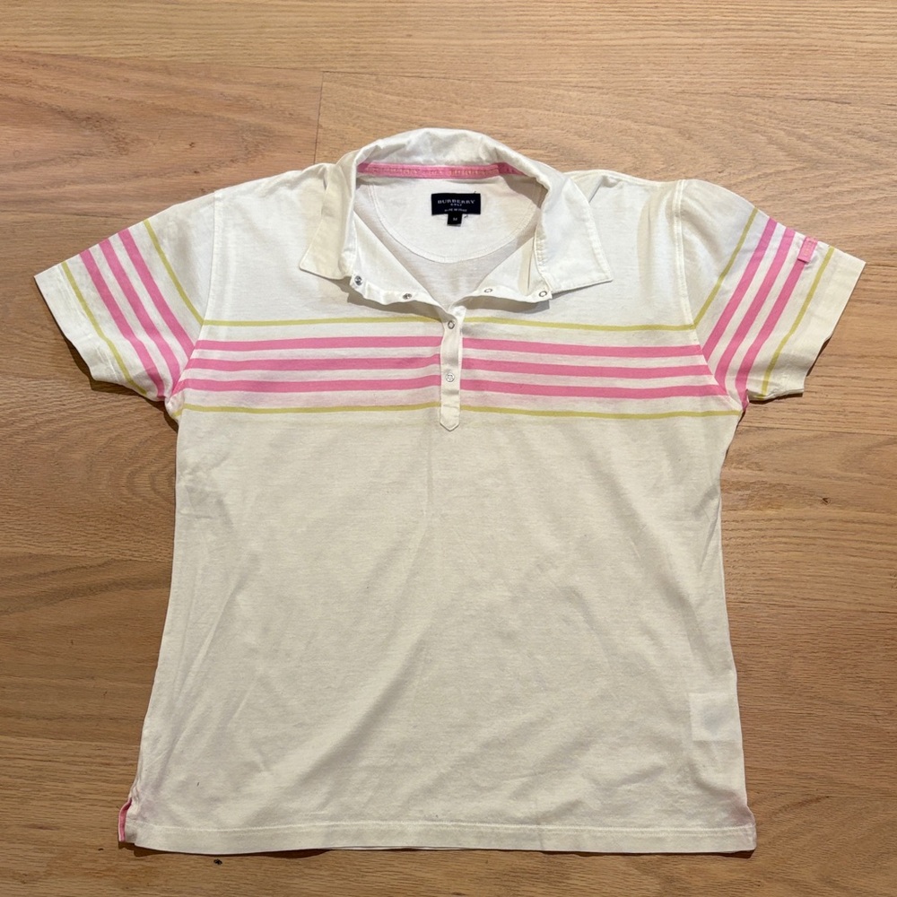 Burberry White with Pink/Yellow Striped Golf Shirt